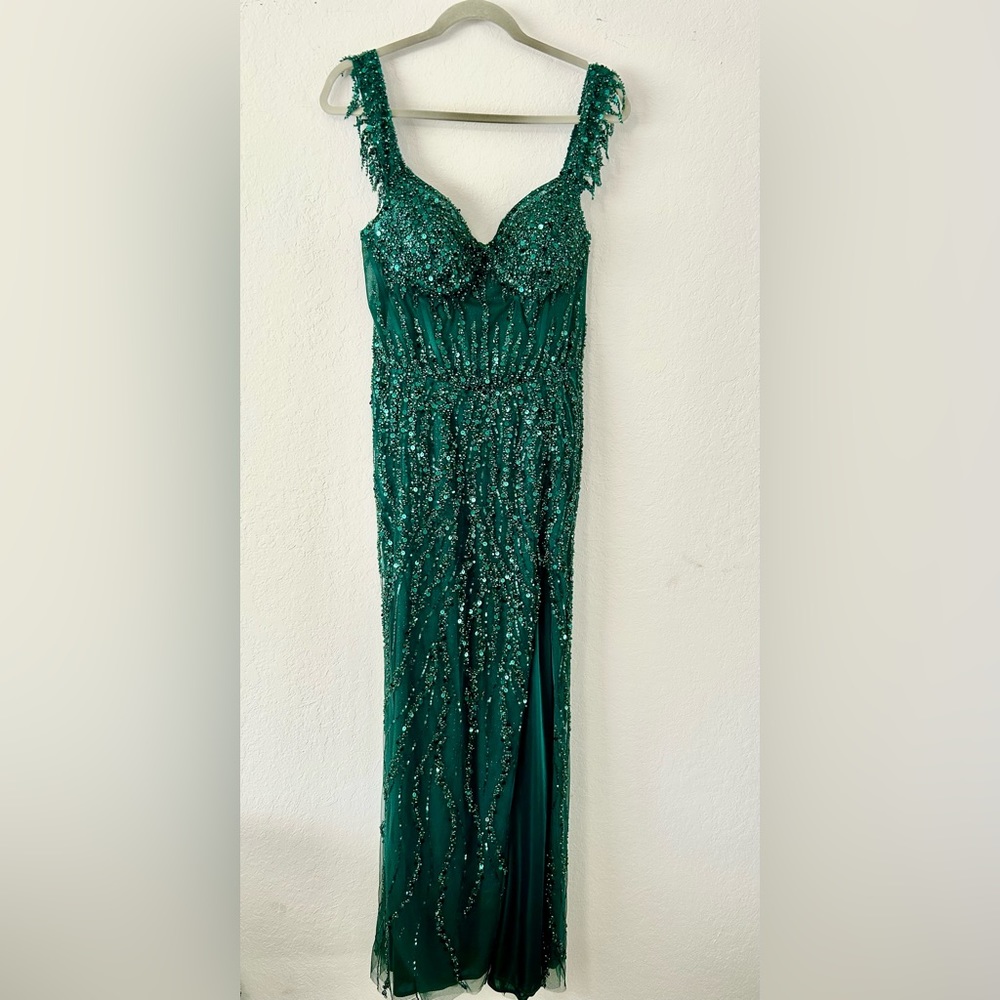 Ladivine womens cocktail dress emerald green off shoulder mermaid style leg slit